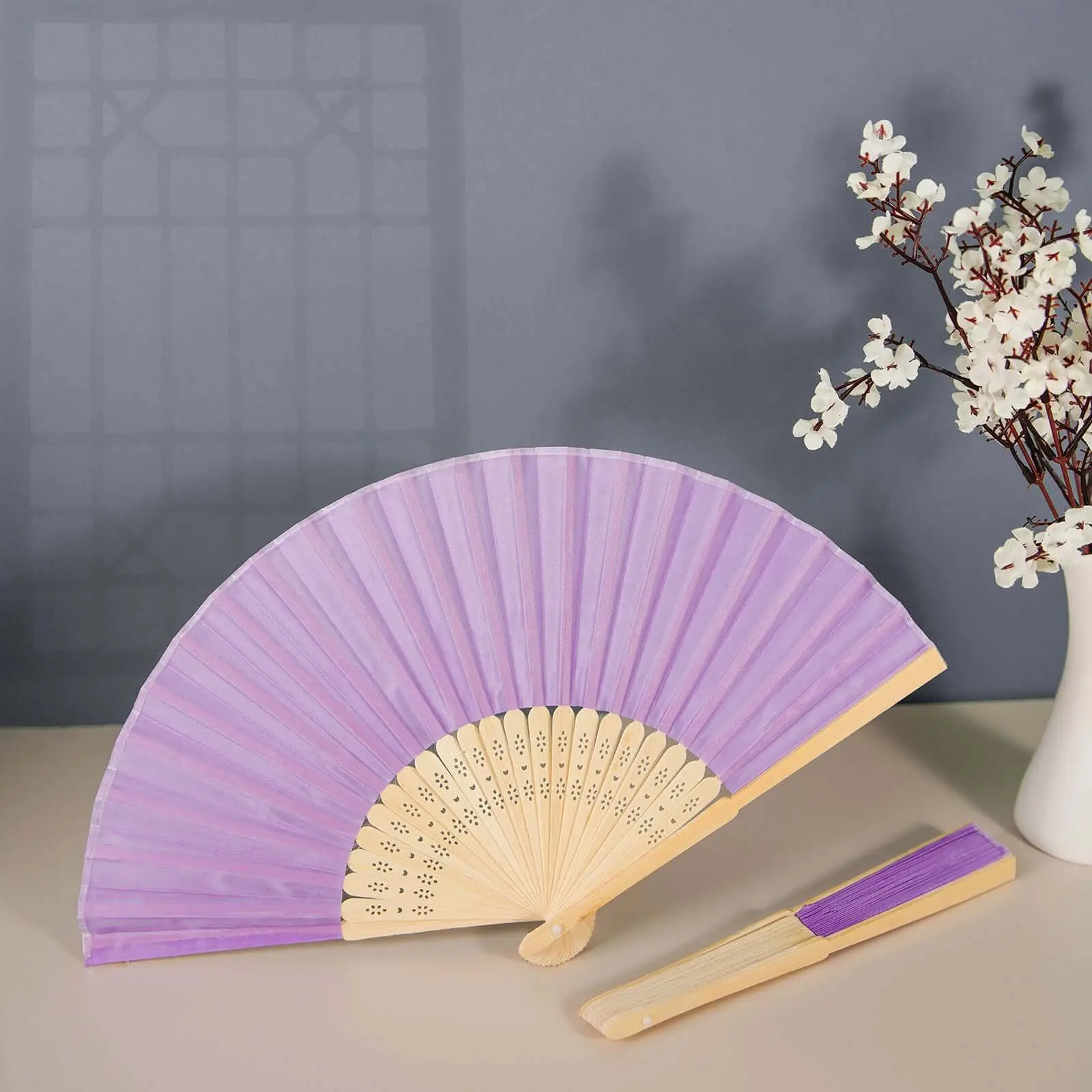 5-Pack Lavender Lilac Asian Bamboo Silk Hand Fans with Handle - Home Decoration, Room Decor, Party Gift Favors
