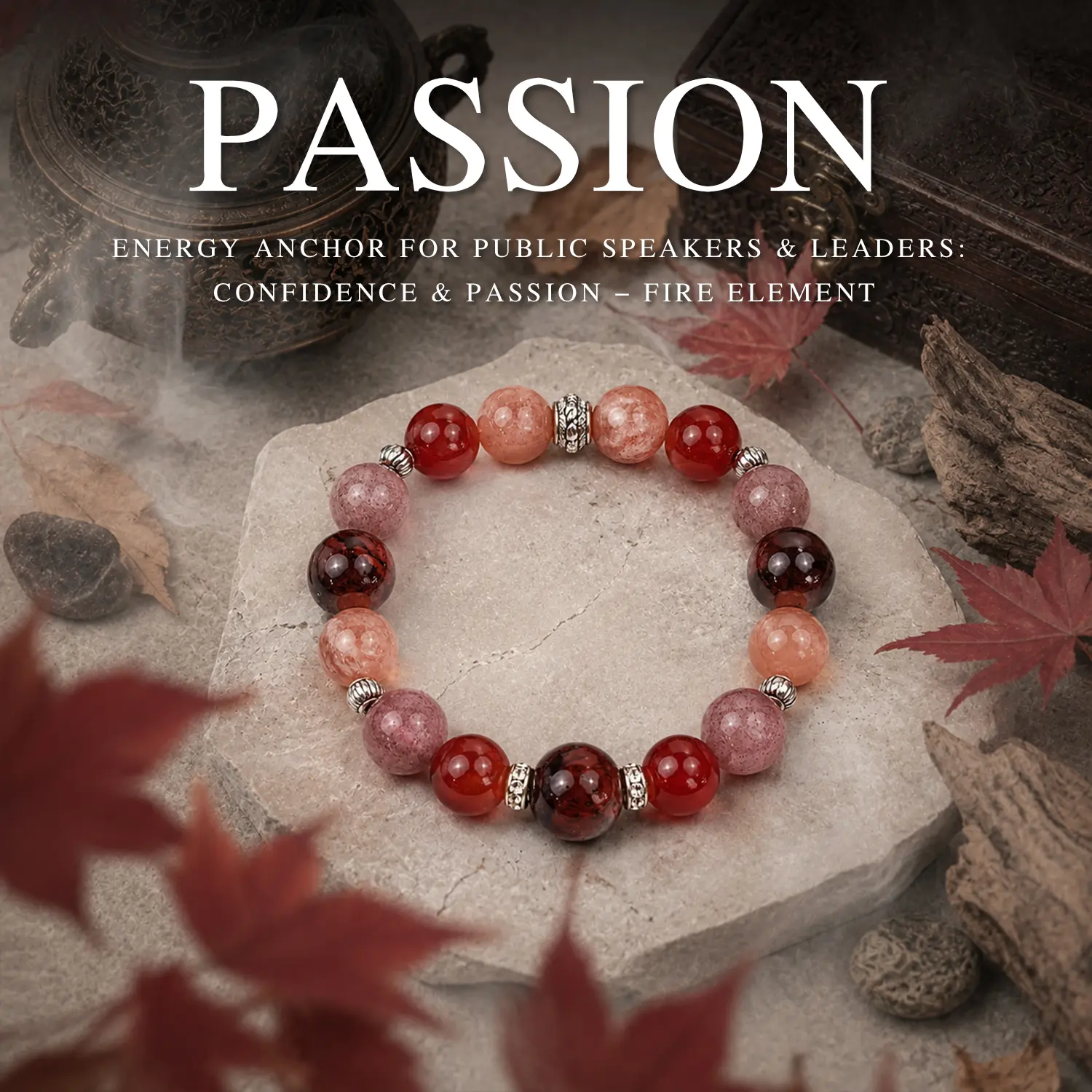 LUMAWU Fire Element Agate Bracelet for Women - 1.08 cm Beads, 16 cm Inner Circumference, Boosts Confidence, Clears Mental Clutter, Ignites Passion, Enhances Charisma, Fights Low Energy, Ideal for Office & Dating Wear, Elemental, Energy Boost, 16Cm