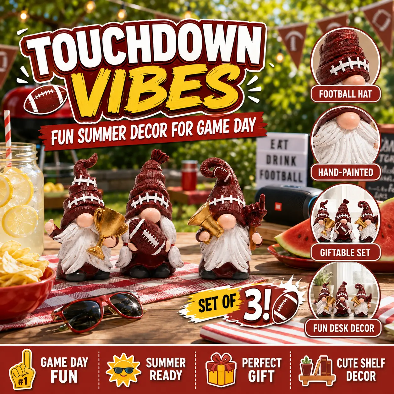 2026 HODAO Football Gnome Statue Set of 3 Burgundy Football Hat Resin Dwarf Figurine Game Day Sports Desktop Decor Gift For Football Fans