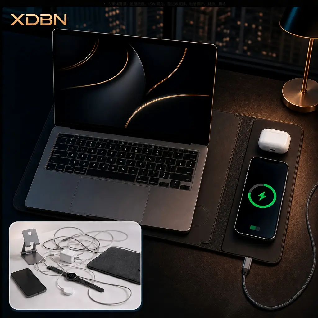 XDBN 5-in-1 Laptop Sleeve with 15W Wireless Charging & Foldable Stand, PU Leather Protective Case for 14-16 inch MacBook, Dual Device Charging Office Desk Pad