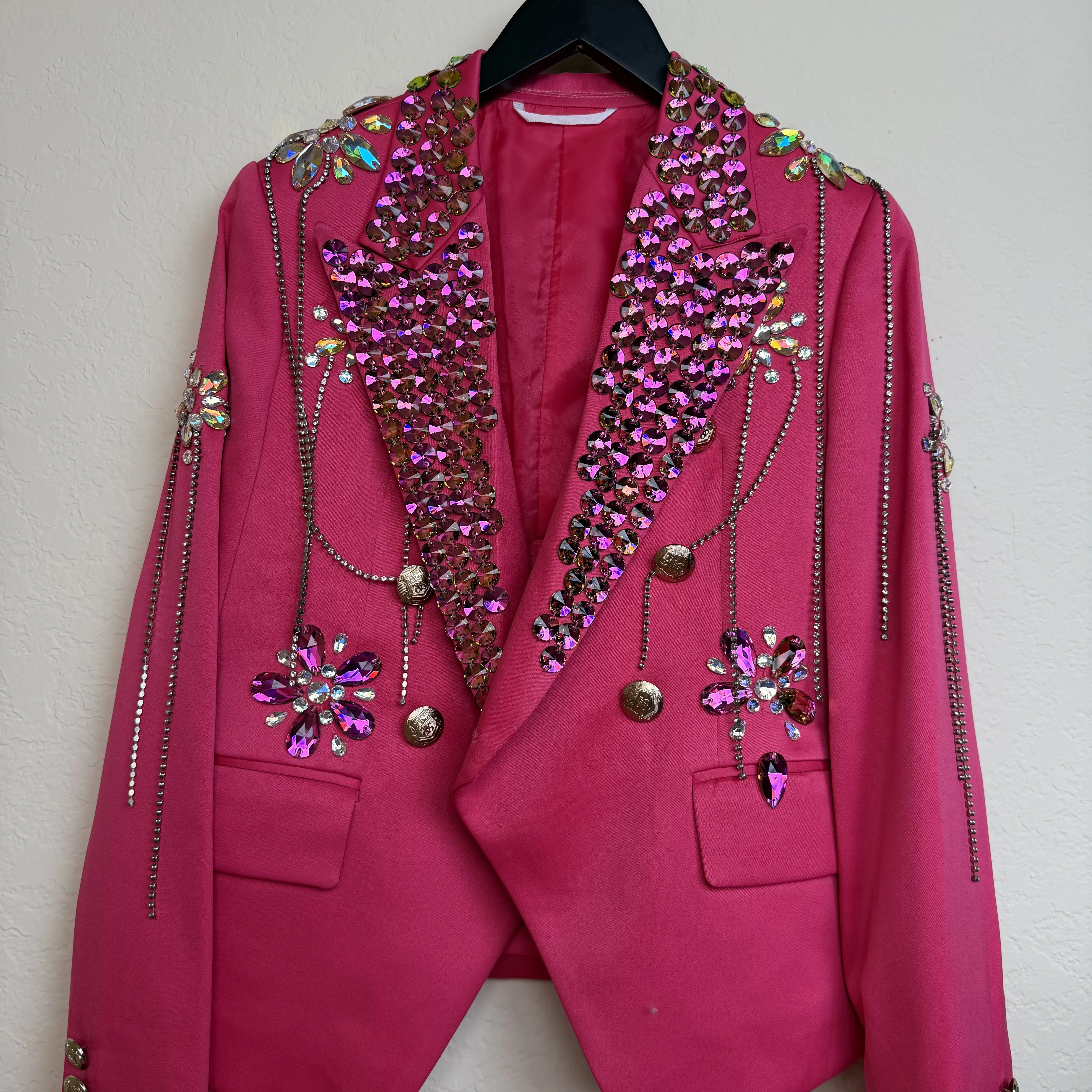 #197Luna Sparkle Black Pink Blazer with Rhinestone Embellishments and Chain Details