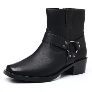 Men's Square Toe Ankle Boots - Low Block Heel, Buckle Straps, Easy Side Zip, Distressed Shoe - Chic, Minimalist Western Style Moto Harness Booties for Jeans, Chinos Casual Wear (Black, Brown)