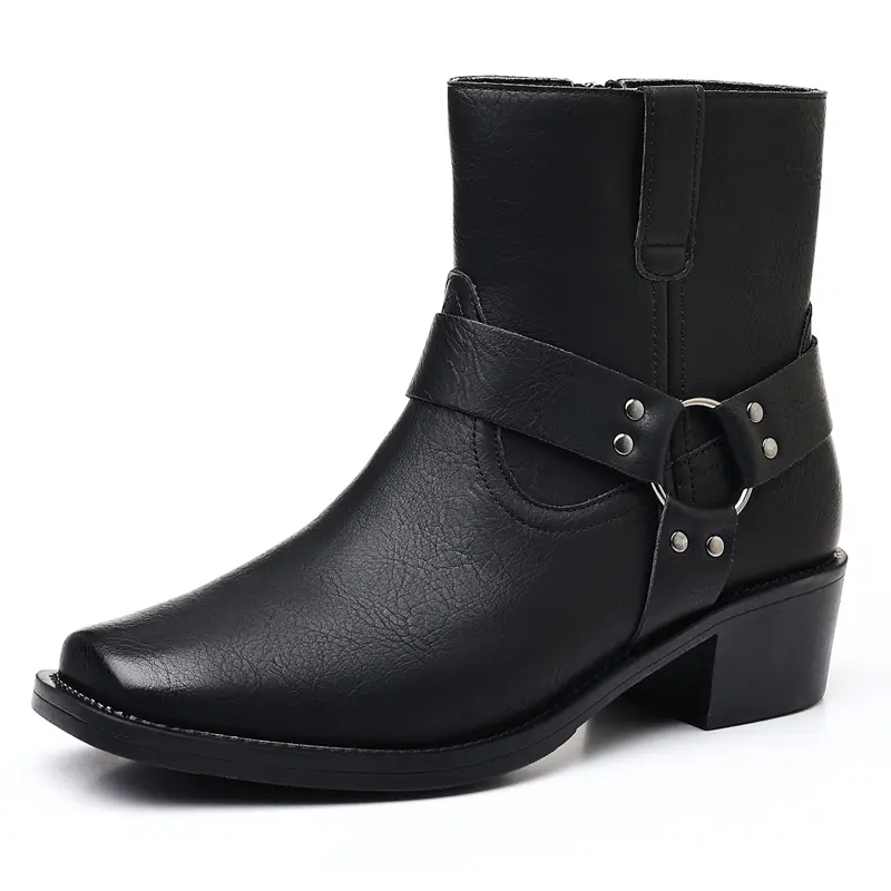 Men's Square Toe Ankle Boots - Low Block Heel, Buckle Straps, Easy Side Zip, Distressed Shoes - Chic Minimalist Western Moto Harness Booties for Jeans, Chinos Casual Wear (Black, Brown), Elevated Casual, Footwear, Closed, Kitten, Men's Shoes, Rivet, Retro