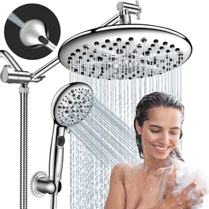 FEELSO Shower Heads Combo, with Handheld ON/OFF Pause Switch, 10" High Pressure Rain 7 Settings Showerhead with 11" Adjustable Extension Arm, 9 Functions Anti-clog Handle Set with Power Wash
