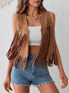 New Women's Fringe Vest Open Front Cardigan Lightweight Sleeveless Top, Stylish Fashion Accessory for Daily Wear, Perfect for Layering