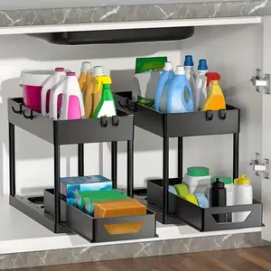 Under Sink Organizer, 2 Tier Under Sink Storage with Sliding Drawer, Multi-purpose Under Cabinet Organizer for Bathroom Kitchen, Black, Bathroom Organizing Accessories