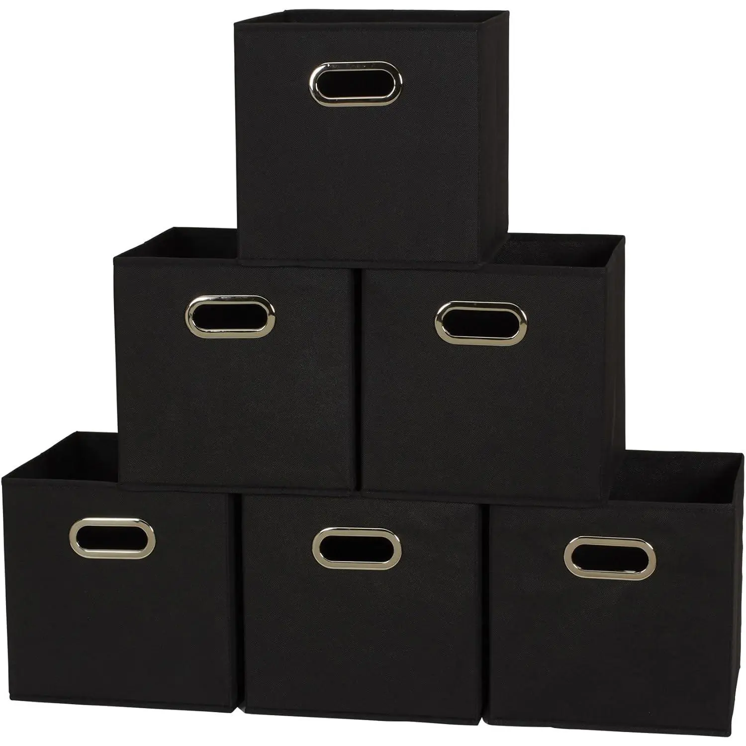 6-Piece Foldable Fabric Storage Bins Pack - Home Supplies, 11x11x11" (11"H x 11"W x 11"D), Space-Saving Organizer with Grommet Front Handle, Poly-Woven Fabric, Sturdy Chipboard Sides, Stackable, Classic Black Room Accessory Boxes, 6 Pounds
