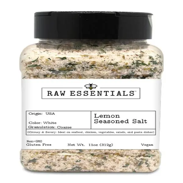 Raw Essentials Lemon Seasoned Salt – Bright Citrus & Savory Blend for Seafood, Chicken, and Vegetables – Non-GMO, Gluten-Free and Vegan– 11 oz Bottle