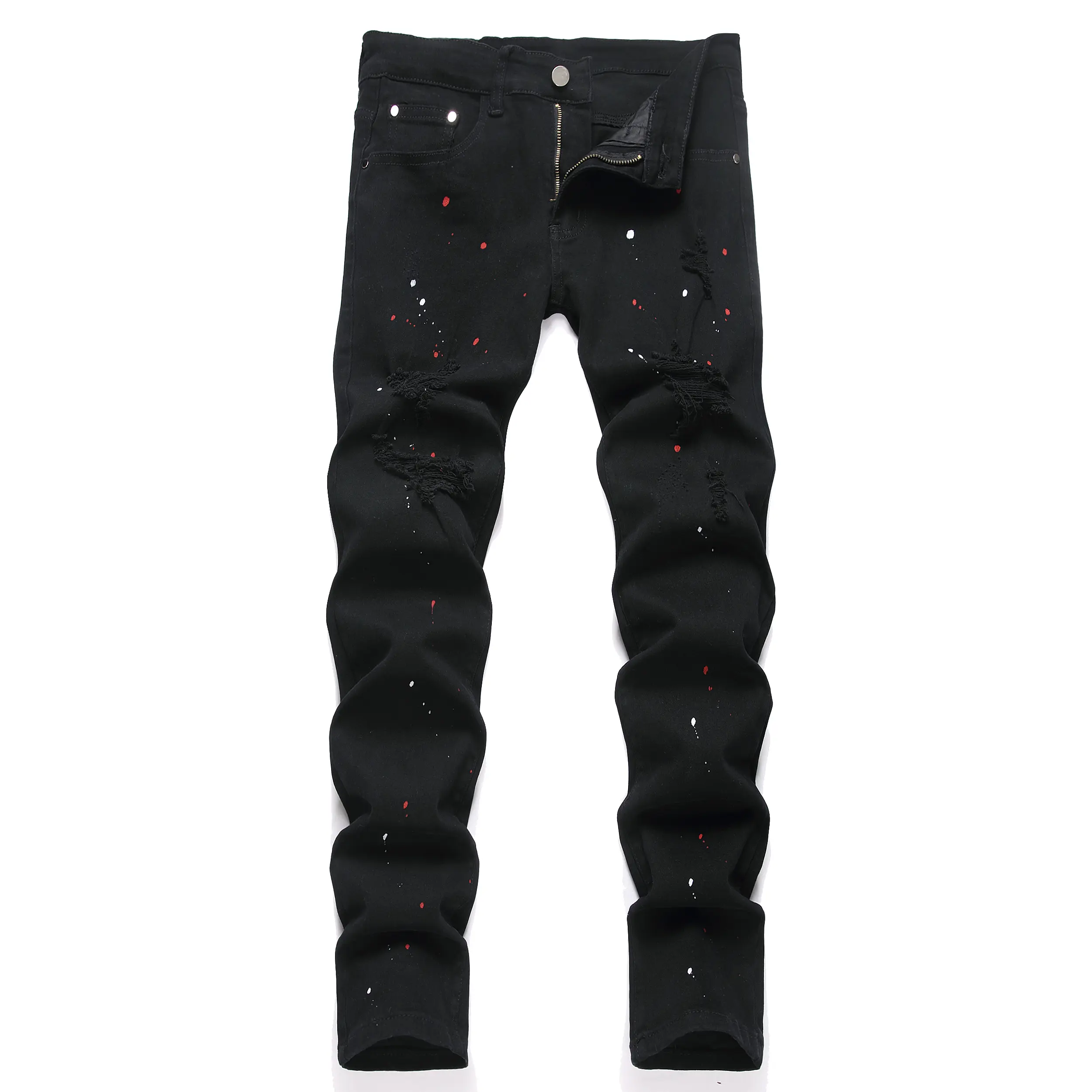 XIMXIMMTIAN Men's Ripped Slim-Fit Straight Stretch Water-Washed Cotton Denim Biker Jeans - Classical Retro-Inspired Damaged Black Streetwear Clothes for Casual Designer Style