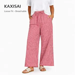 Women’s Wide Leg Plaid Pants – High Waist Elastic Drawstring Casual Loose Fit Trousers with Pockets, Lightweight Summer Lounge Pants