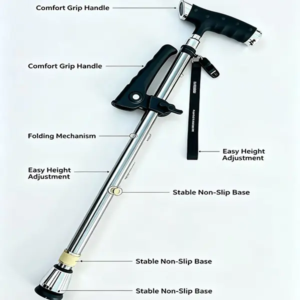 Walking Cane wit Light & Auxiliary Handle, Dual Grip Design Helps Stand Up Easily,Height Adjustment, Stable Non-Slip Base, Ergonomic Anti-slip Handgrip, Heavy Duty Stable Support Walking Stick, Fall Prevention Mobility Aid for Seniors, Patients & Pregnant