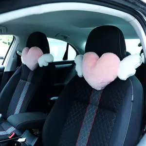 Macarrie 2 Pcs Plush Heart Shaped Pillow with Angel Wings Car Headrest Soft Comfortable Car Seat Pillow for Driving Travelling Room Office Car Decor, 19.7 x 8.3 Inch(Pink)