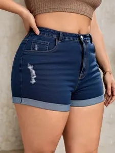 【Plus Size】 Denim-effect Print Distressed Hem Shorts, Casual Fashion Ripped Shorts for Daily Outdoor Wear, Women Plus Clothing for Summer