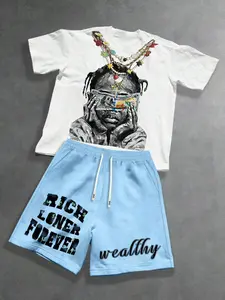Men's Street Style 2-Piece Set, Graphic Round Neck Short Sleeve Top + Drawstring Shorts, Casual Comfortable Fashion