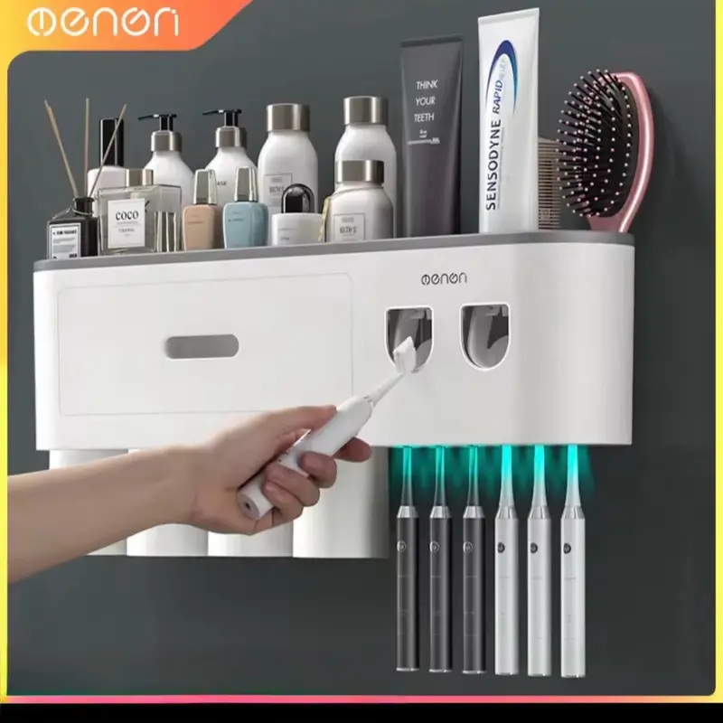 KashTe Magnetic Adsorption Inverted Toothbrush Holder Wall Mounted Automatic Toothpaste Squeezer Storage Organizer for Modern Homes