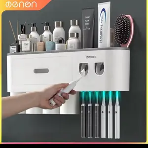 KashTe Magnetic Adsorption Inverted Toothbrush Holder Wall Mounted Automatic Toothpaste Squeezer Storage Organizer for Modern Homes