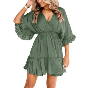 PASLTER Womens V Neck Casual Dresses Summer Duster Cardigans Short Sleeve Draped Oversized Mini Short Dress