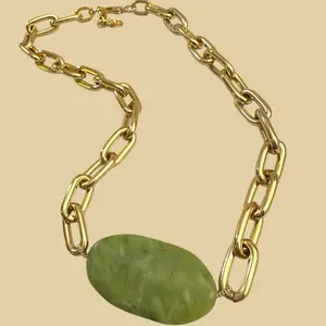 Chunky Gold Plated Chain & Green Jasper Gemstone Necklace for Women