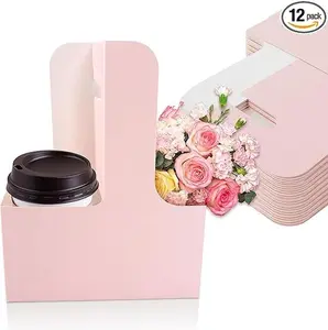 2 Cup Drink Carrier with Handle - 12Pcs Disposable Paper Cardboard Coffee Cup Holder Portable Drink Caddy Cup Carriers Foldable to go Cup Holder Food Delivery Accessories for Hot/Cold Drinks