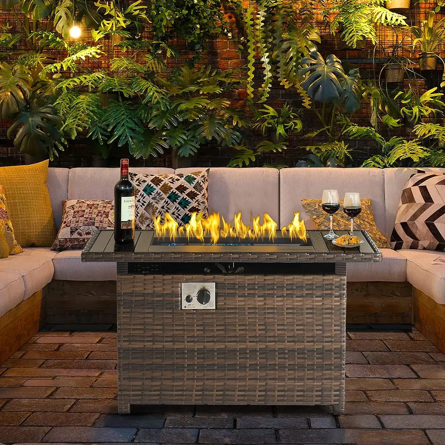 Jolydale Outdoor Patio Furniture Set with 44" 50,000BTU Propane Gas Fire Pit Table, Wicker Tabletop Fire Pit with Lid for Backyard, Poolside