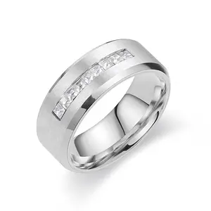 6mm & 8mm Titanium Beveled Diamond Ring The Perfect Boyfriend Gift Couple's Gift Stainless Steel Wedding Band Featuring 9 Princess Cut Diamonds Smooth Luxury Groom's Ring#9-12