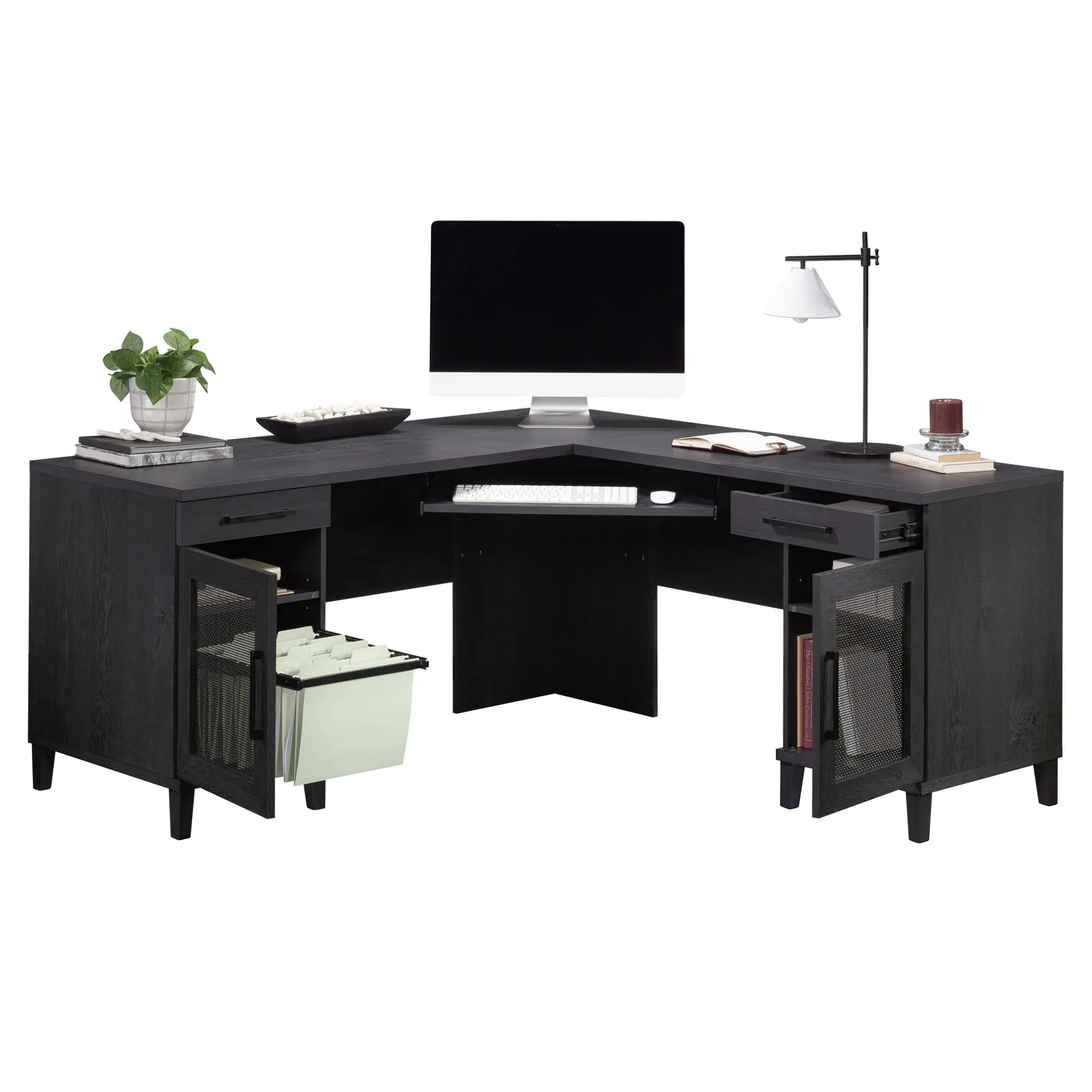 Sauder Tiffin Line L-Shaped Desk with Pull-Out Keyboard Tray, Two Drawers, and Adjustable Shelves for Home Office or Workspace
