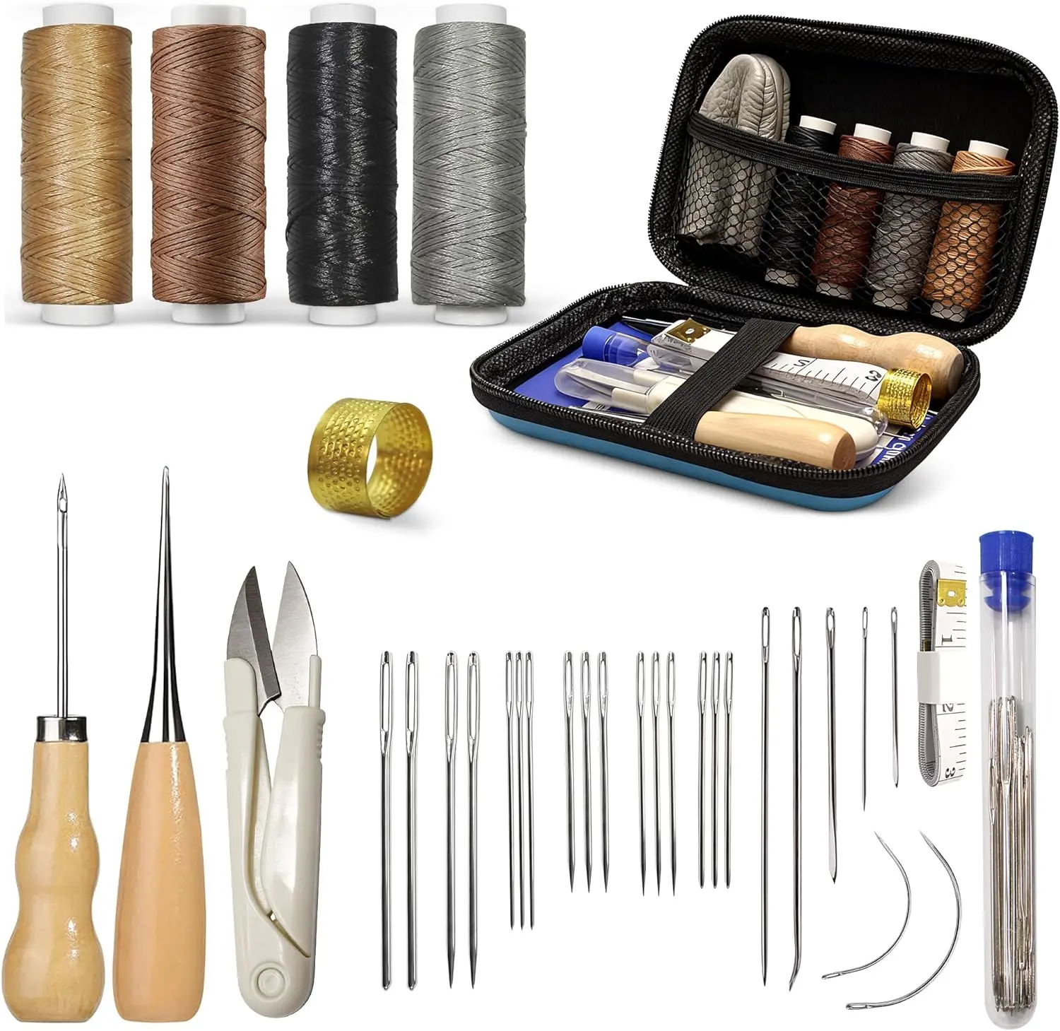 Leathercraft DIY Upholstery Repair Kit - Heavy-Duty Hand Stitching Tools with Waxed Thread, Sewing Awl, Needles for Car Seats, Sofa