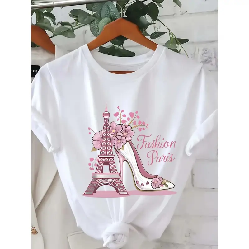 Chic Eiffel Tower & High Heels Graphic Tee for Women, Short Sleeve Crew Neck, Relaxed Fit, Casual Summer & Spring Top with Floral Accents, Perfect for Travel & Outdoor Activities