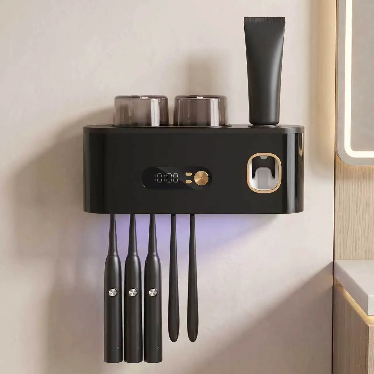 LED Large Screen Digital Clock UV Toothbrush Holder Sterilizer, Wall Mount Toothpaste Dispenser with Magnetic Cups, Multi Slots Tooth Brush Storage for Kids & Adults Bathroom