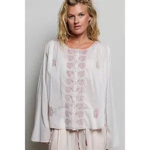 POL Embroidered Gathered Shoulder Top | URBAN ECHO SHOP
