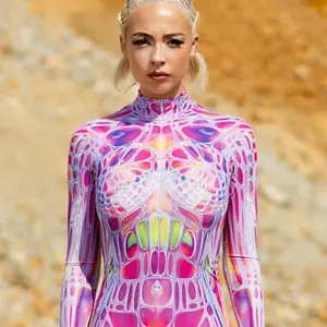 Pink Alien Costume for Women Cyber Halloween Costume Sci-fi Cosplay Adult Halloween Costume Maid Out Fit Tiktok Clothes Fabric Womenswear Polyester Sassy Print Skinny Slim Smooth Long Sleeves Snug Front Zip Close Thumb Holes