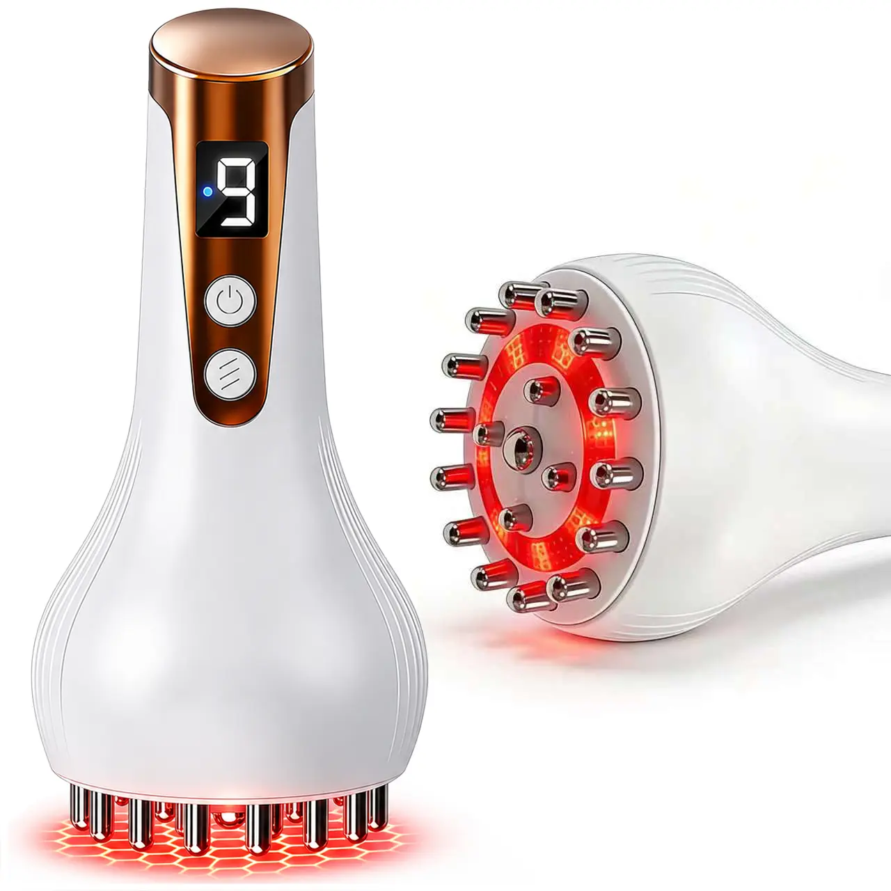 4-in-1 Handheld Body Massager with Heat, Vibration, Microcurrent & Red LED, 9 Adjustable Levels, Multi-Point Massage Head, Rechargeable Full Body Care Device with 15-Min Auto Shut-Off