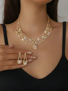 Women's Elegant Rhinestone Decorated Necklace & Dangle Earrings, Exquisite Trendy Jewelry Set, Glamour Set, Fashionable Accessories for Party & Daily Clothing Decor, Teardrop Jewelry Set