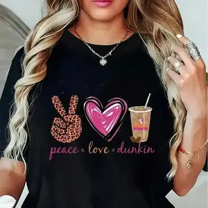 Women's Black Graphic T-Shirt - Funny "Peace Love Dunkin'" Coffee Cup Design - Soft Breathable Cotton Everyday Tee for Dunkin' Fans, Casual Outfits & Lounge Wear - Machine Washable Everyday Essential, Ladies T Shirts, Summer Party Top, Playful Print Shirt