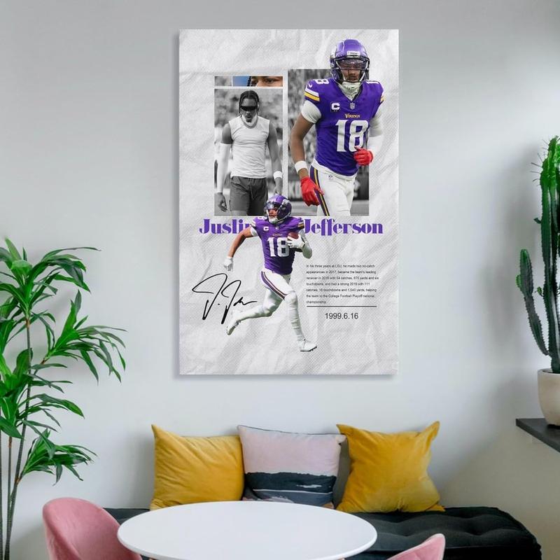 Justin Jefferson Poster American Football Sports Canvas Wall Art Teen Birthday Gifts Decor Canvas Painting Wall Art Poster for Bedroom Living Room Decor