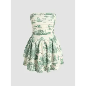 Cider [5 colors, size 0-26] Toile de Jouy Shirred Ruched Mini Dress