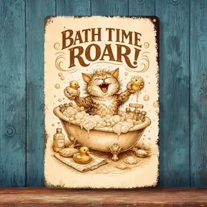 Bath Time Roar – Funny Cat Bathtub Art Print – 8x12 Inch Metal Sign for Bathroom, Kitchen, or Home Decor