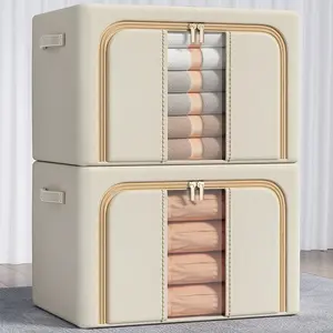 66L Large Fabric Storage Bin with Dual Zipper Openings, 17.4 Gallon Clothes Organizer with Clear Windows & Handles for Comforter, Blankets & Closet