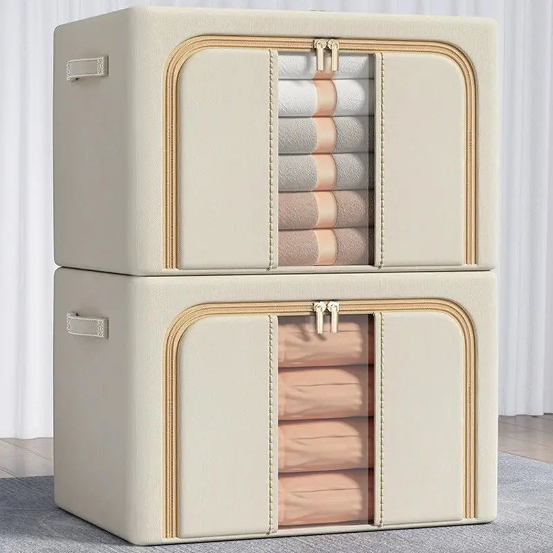 66L Large Fabric Storage Bin with Dual Zipper Openings, 17.4 Gal Clothes Organizer with Clear Windows & Handles for Comforter, Blankets & Indoor Recreation Closet