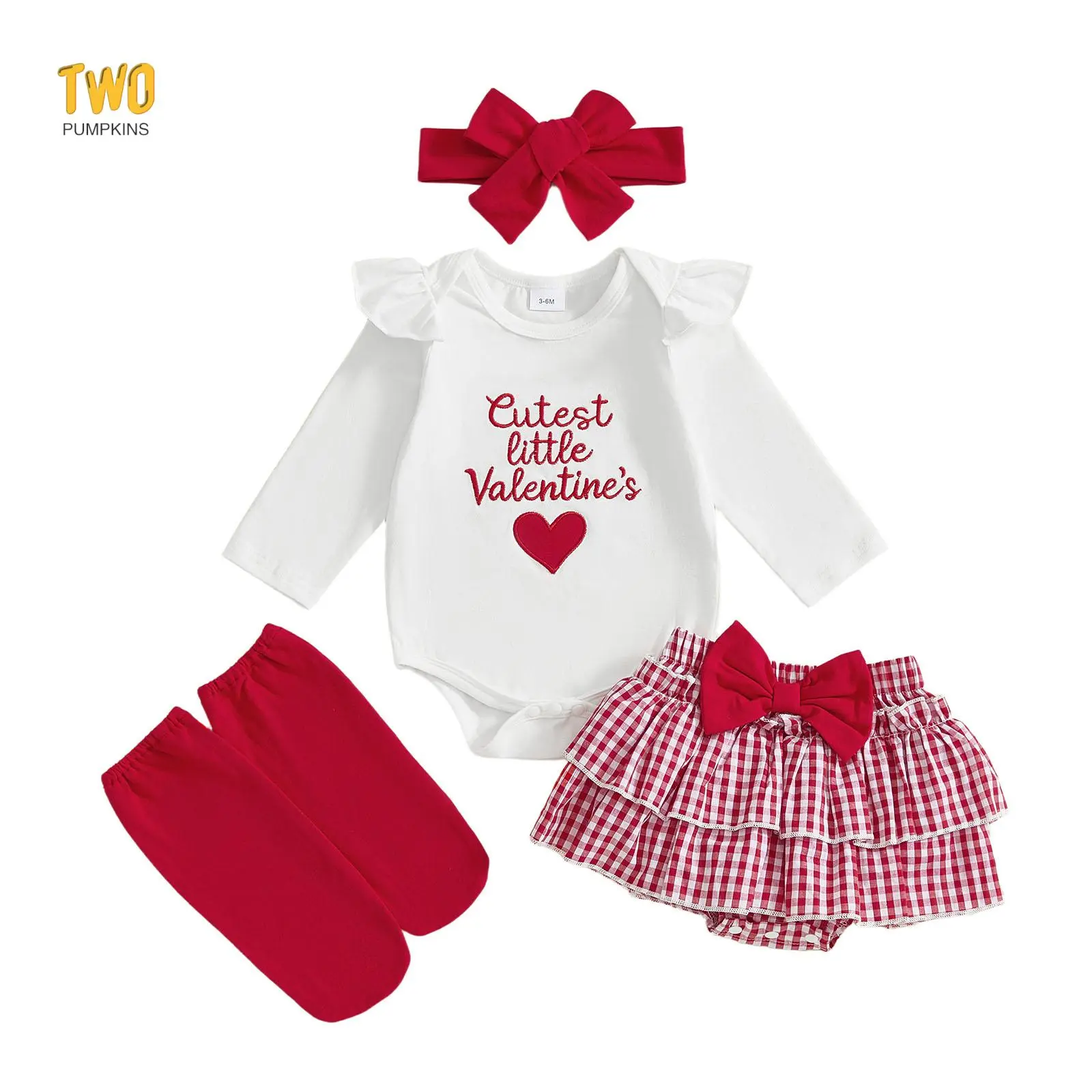 My First Valentine's Day Baby Girl Outfit Heart Letter Embroidery Romper Onesie + Plaid Ruffle Layered Shorts + Headband + Socks Cute Clothes