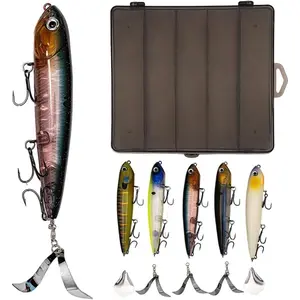 Topwater Plopping Lure Kit -5 Lures+5  in Plastic Case, 4.7in,Adjustable for Walking  or Surface Tractor Action. Fishing Gifts for Men Targeting Pike, Bass, Musky in Freshwater