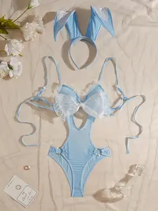 Women'S Role-Play Cute Bunny Jumpsuit with Suspender Collar And Bow Detail, Bunny Ears And Leg Straps, Sexy Role-Play Lingerie