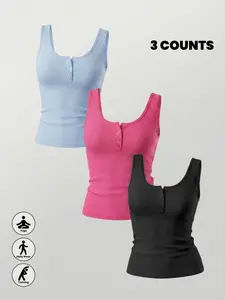 Women's Summer High Stretch Fitted Sleeveless Sports Tank Top, Button Opening Design, Breathable Moisture-Wicking, Ideal for Yoga and Outdoor Activities, Summer Activewear