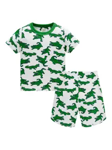 Crocodile Pajama Set, Boy Short Sleeve Summer 2-Piece, Casual Animal Pattern Sleepwear, Fitted Home Clothes