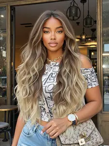 28 Inch Gold Gradient Middle Part Long Curly Wig, Rose Net Full Headset, Natural Smooth, Daily or Holiday Use, Festival