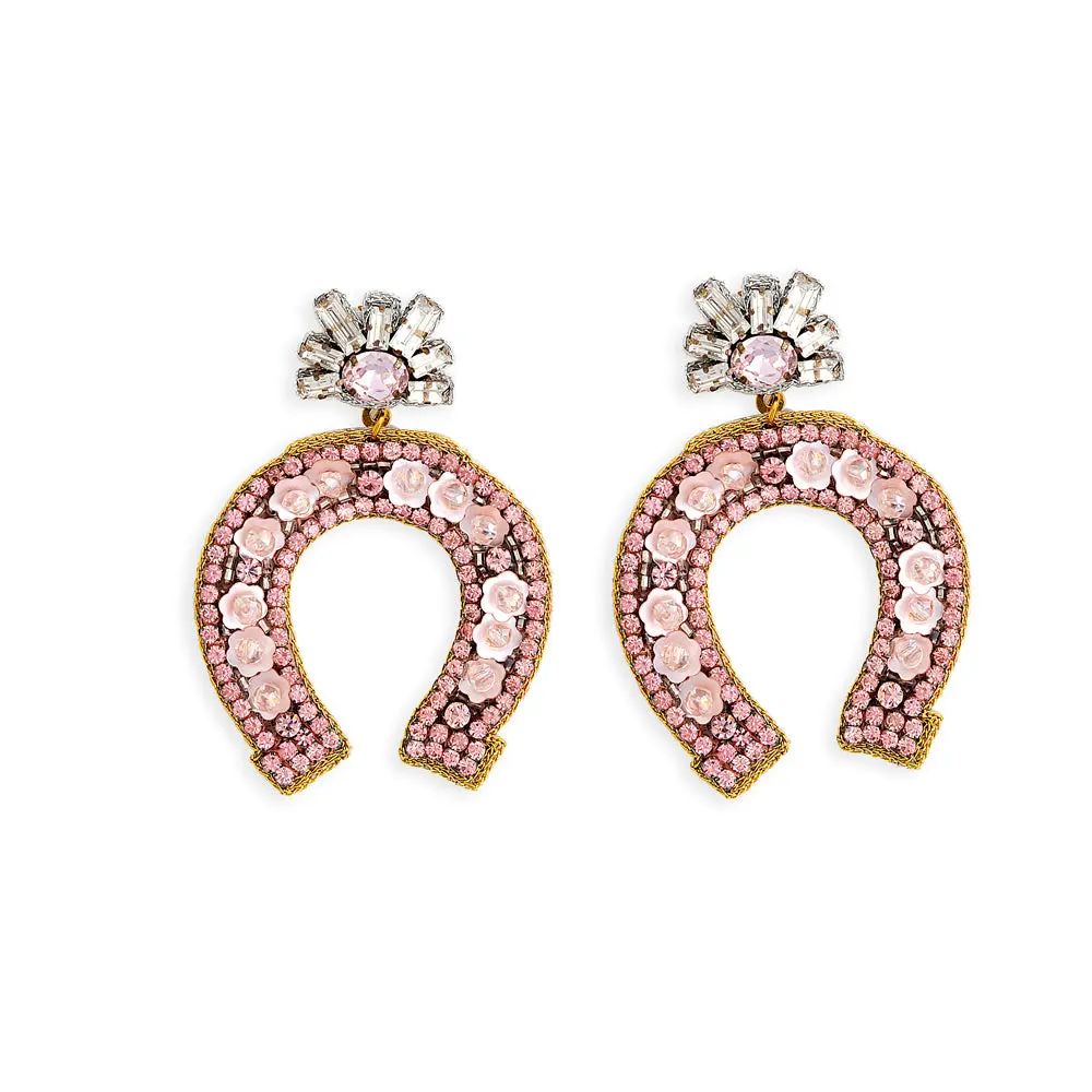 Fashion Horseshoe Earrings for Women, Statement Rose Pink Beaded Dangles with Sequin Accents, Iron Base Jewelry, Glass Bead