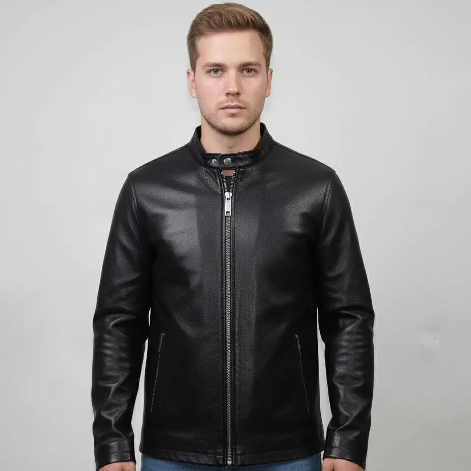 Plain Black Cow Leather Jacket