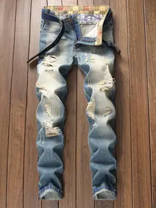 Men's   Ripped Jeans without Belt, Fashion Casual Comfy Denim Trousers for Daily Outdoor Wear, Men Bottoms for All Seasons, Distressed Jean