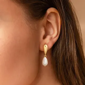 Tewiky 14K Gold Plated Freshwater Pearl Dainty Earrings for Women Dangle Formal Drop Heart Earrings Prom Wedding Long Hypoallergenic Trendy Jewelry Gifts For Valentine's Day gifts