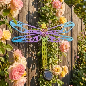 Solar-Powered Metal Dragonfly Wall Art Light – Vibrant LED Garden Sculpture with Multicolor Glow, Cast Iron Construction, IP44 High Quality, Perfect for Outdoor Patio, Fence, or Christmas Party Decoration, Energyefficient Lighting